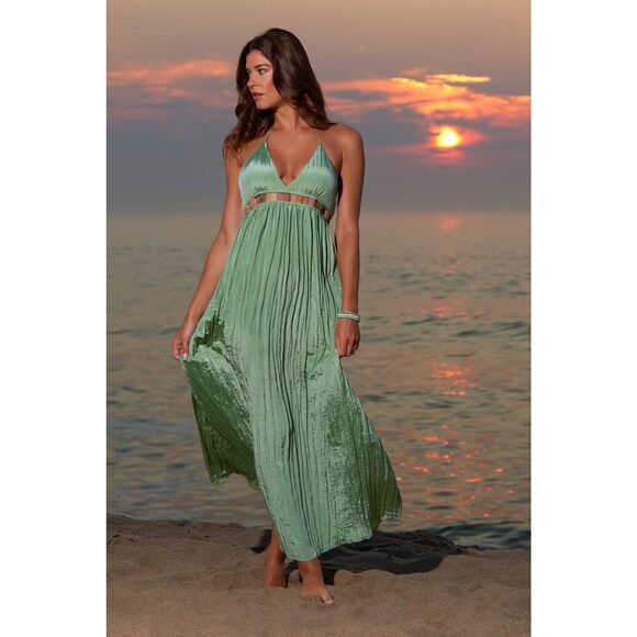 Ibiza Anne Cole Women's V-Neck Jewel Halter Green Cover-Up Dress S - Picture 5 of 6